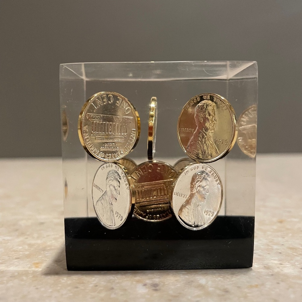 Vintage Lucite Floating Pennies Paperweight 1979 Birthday Anniversary Good Luck